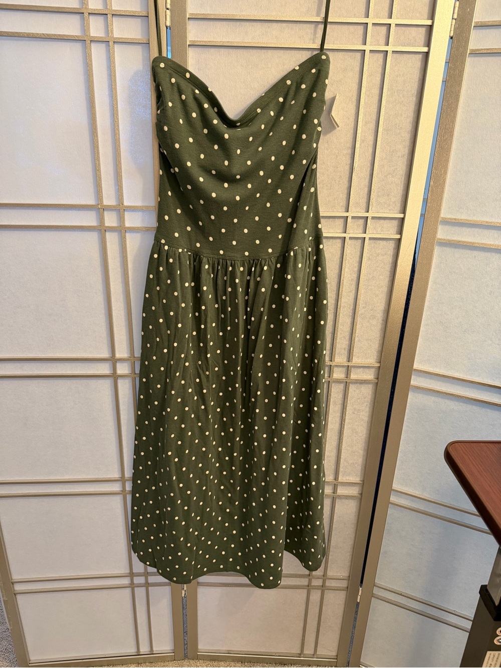 Aerie Olive Green Polka Dot Strapless Midi Dress NWT
